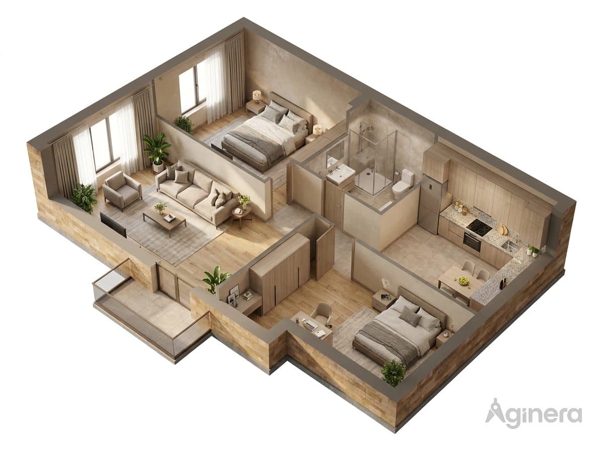 Timber-floored apartment dollhouse with wrap-around balcony, from a 2D plan.