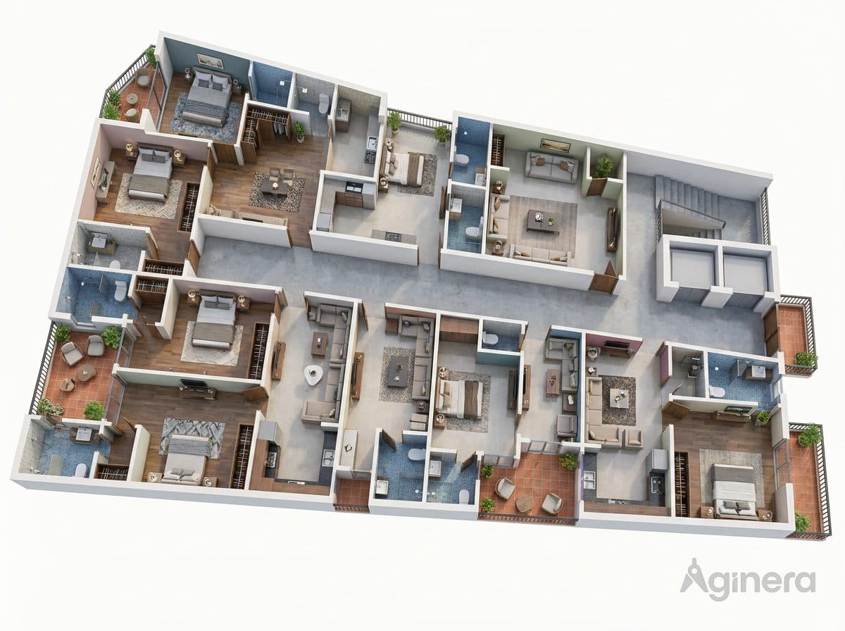 Dollhouse cutaway of a courtyard home with a blue metal roof, generated from the drawing.