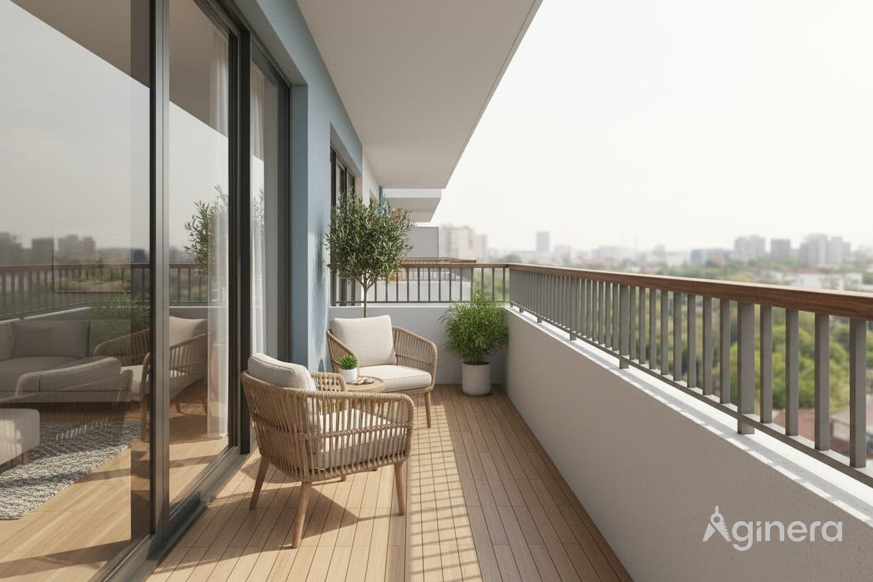 Balcony reveal with skyline view, generated from an apartment plan.