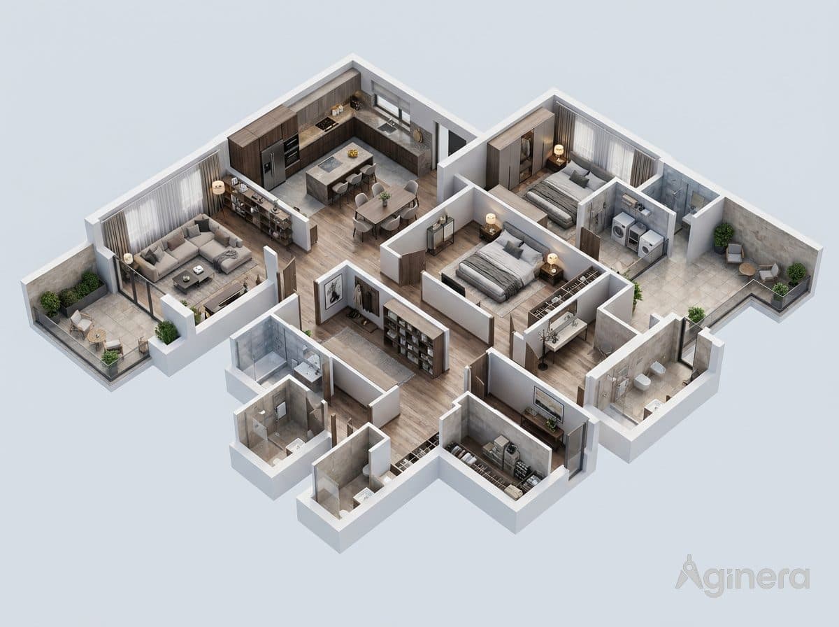 Furnished dollhouse of a compact residence, generated from a floor plan.