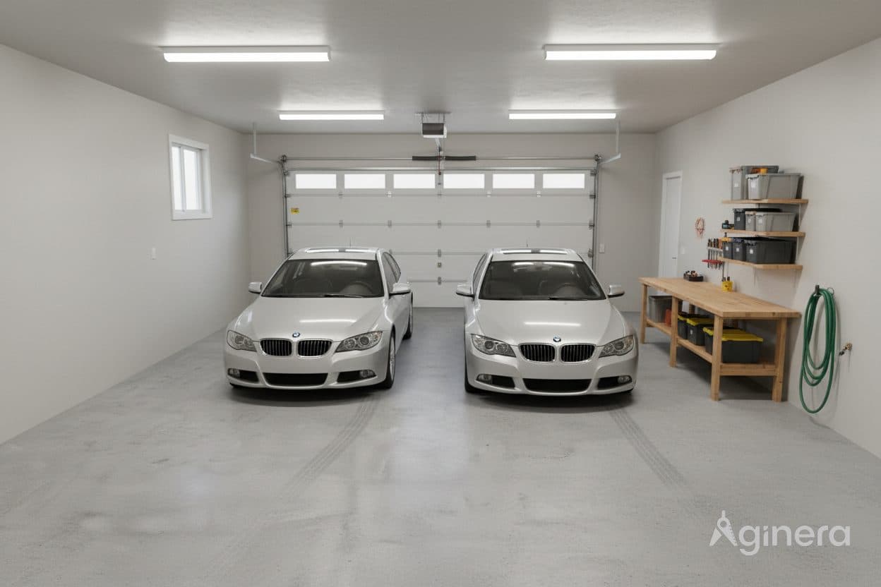 Garage reveal with workbench and two bays, generated from the floor plan.