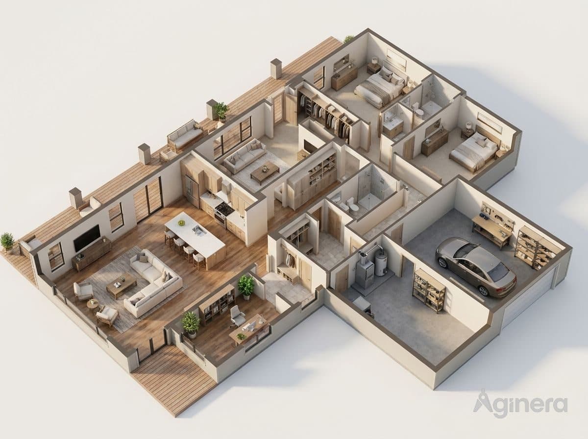 Furnished dollhouse cutaway generated from a residential floor plan.