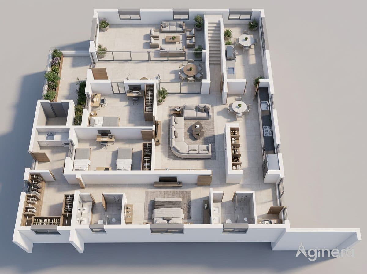 Family apartment — furnished dollhouse cutaway generated from the floor plan