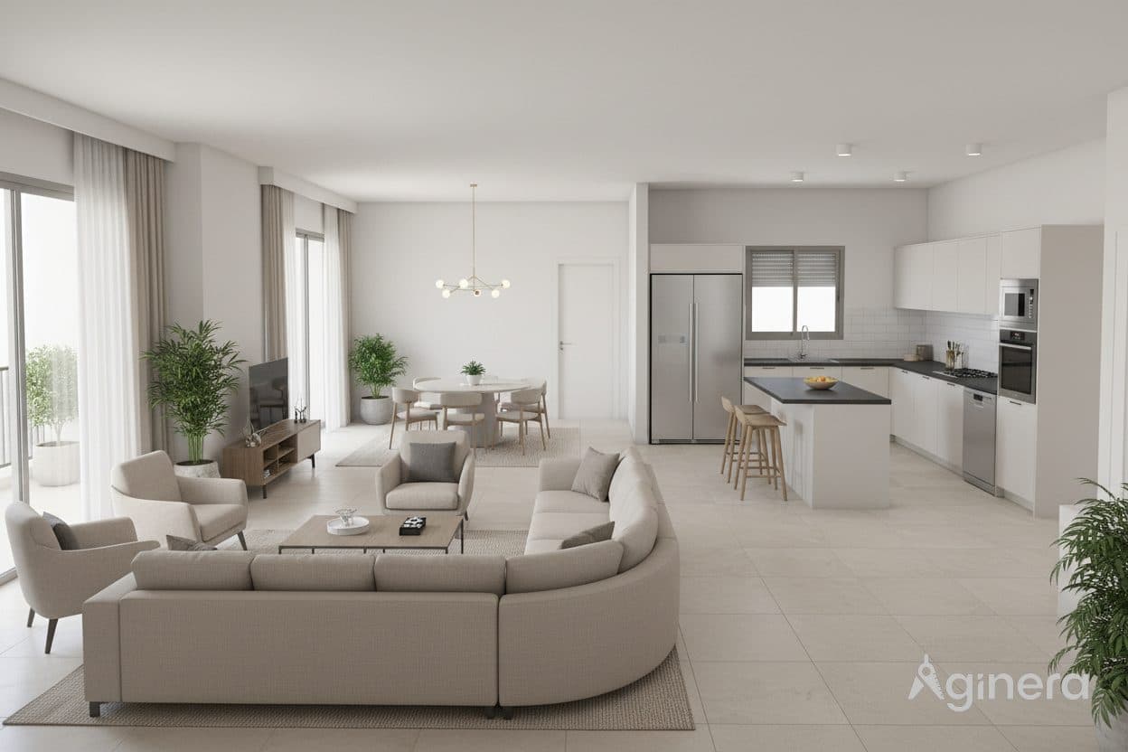 Open living space with curved sectional and island kitchen, revealed from the plan.