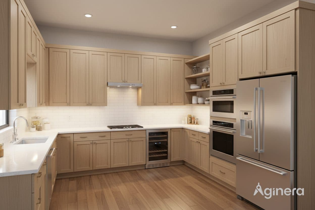 Kitchen reveal with full-height cabinetry, generated from the floor plan.