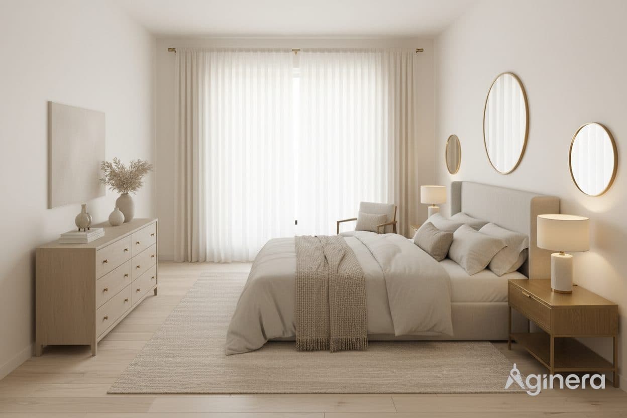 Soft-lit bedroom reveal with paired round mirrors, generated from the plan.