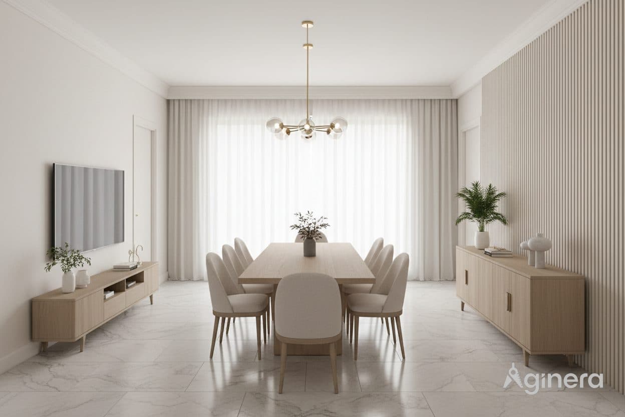Dining room reveal with panelled walls and pendant lighting, generated from the plan.