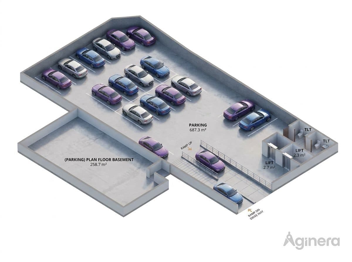 Parking-level dollhouse with ramp and stalls, generated from a basement floor plate.