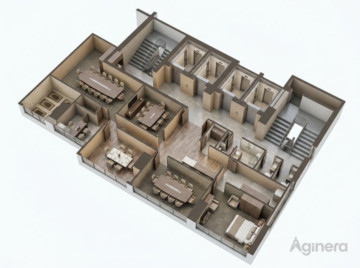 Dense multi-room dollhouse with stair connections, generated from the drawing set.