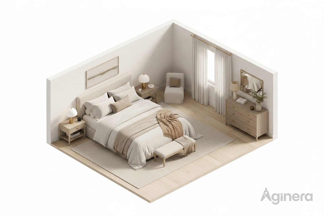 One-room dollhouse cutaway of a furnished bedroom, generated from the plan.