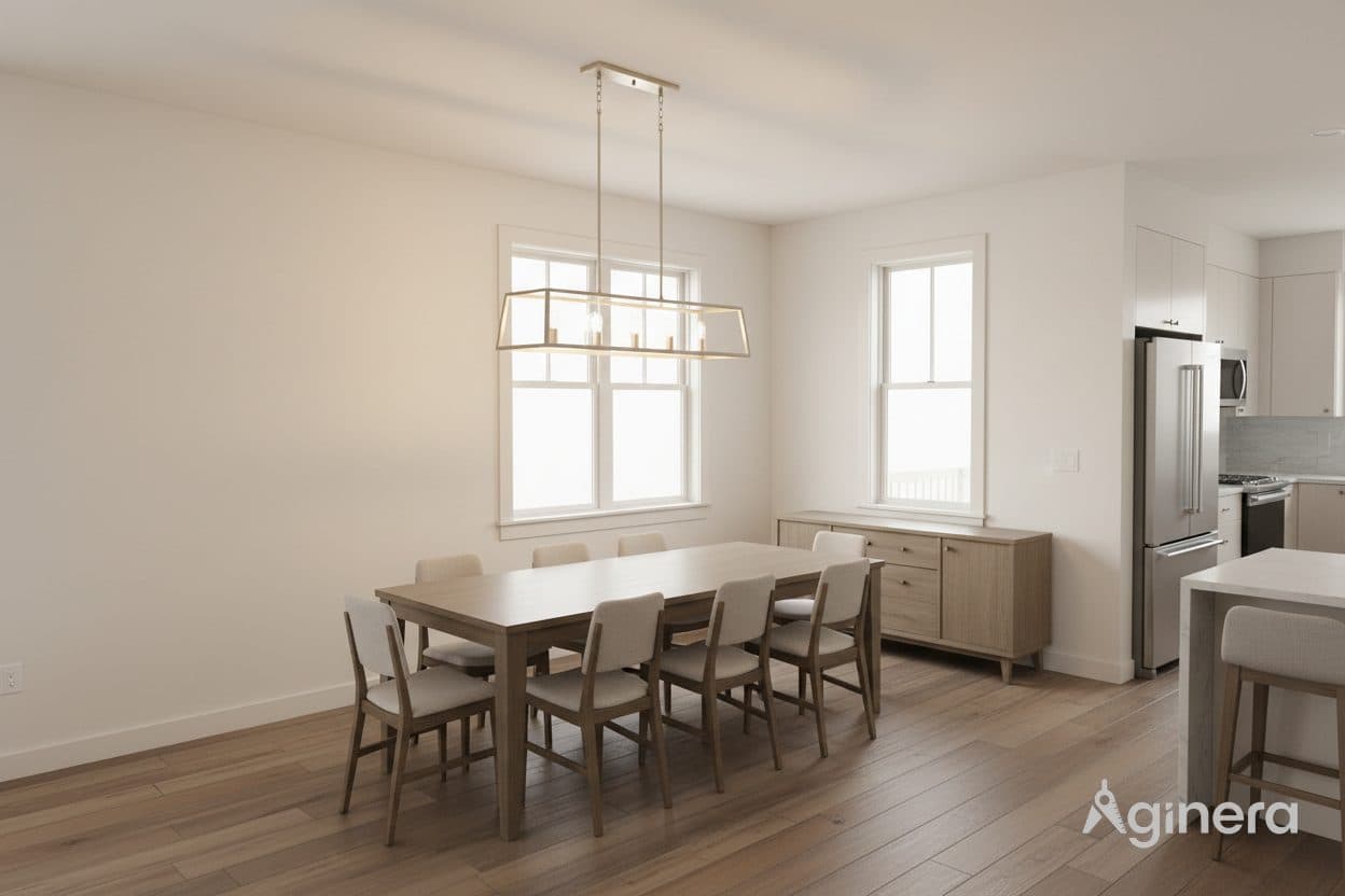 Kitchen-dining reveal in warm timber, generated from a residential plan.