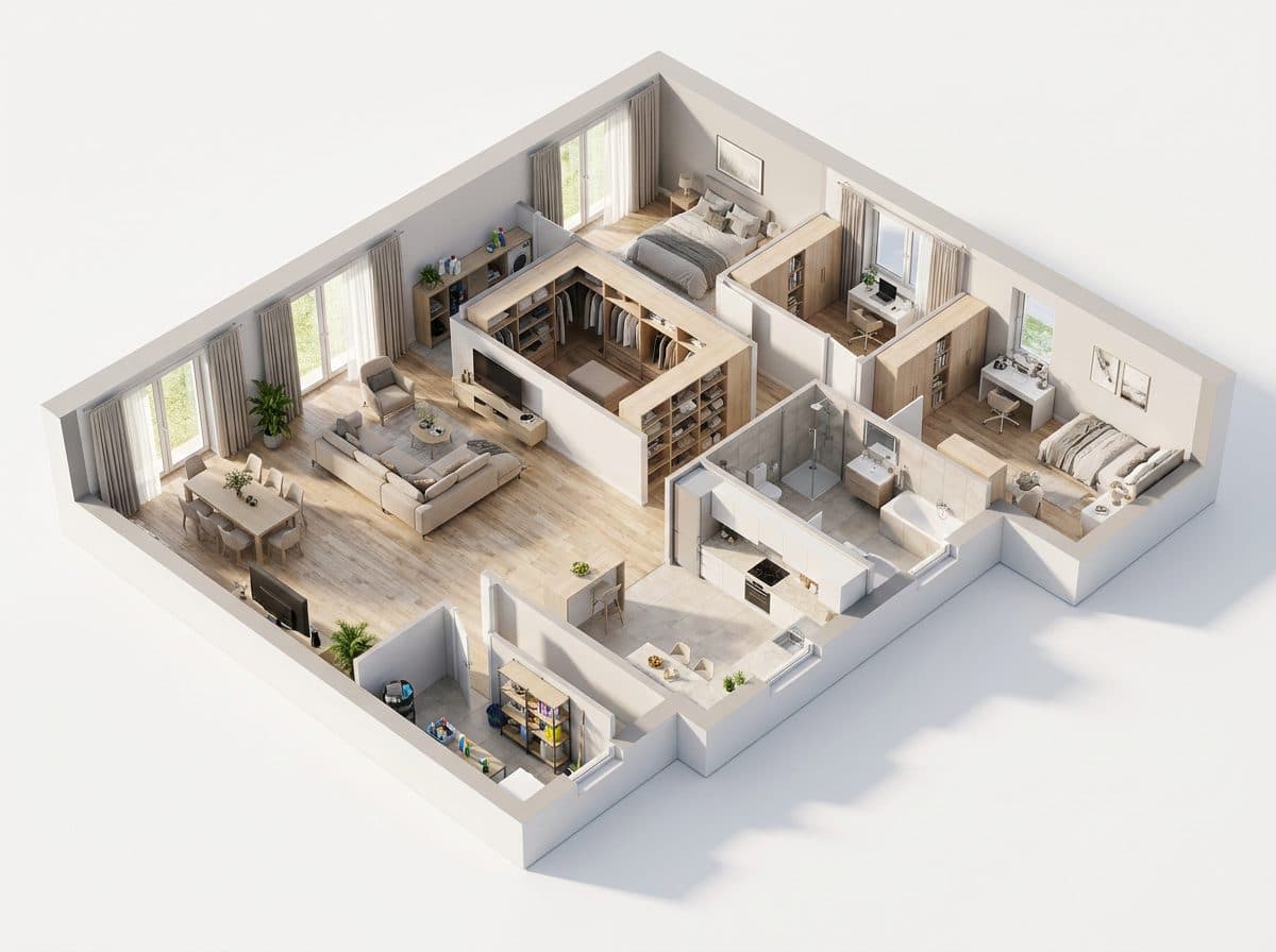 Furnished dollhouse of a two-wing home, generated from a 2D plan.