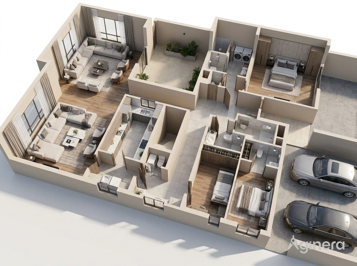 Villa with driveway — furnished dollhouse cutaway generated from the floor plan