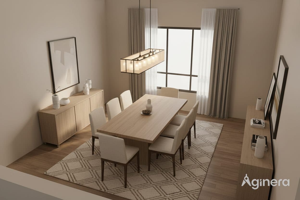 Dining reveal with upholstered chairs and pendant, generated from the plan.
