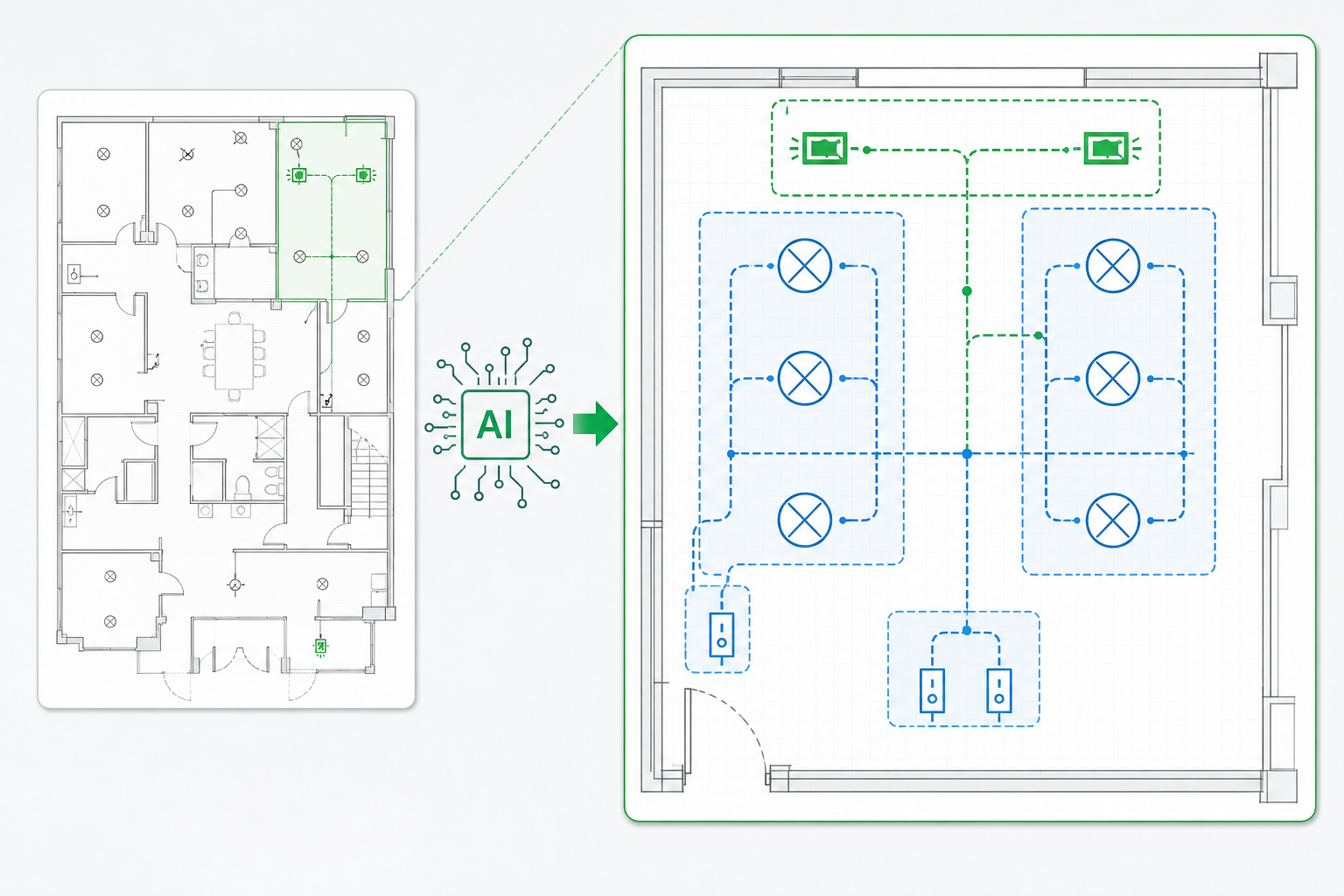 AI inference diagram showing electrical assembly groupings on a 2D lighting plan