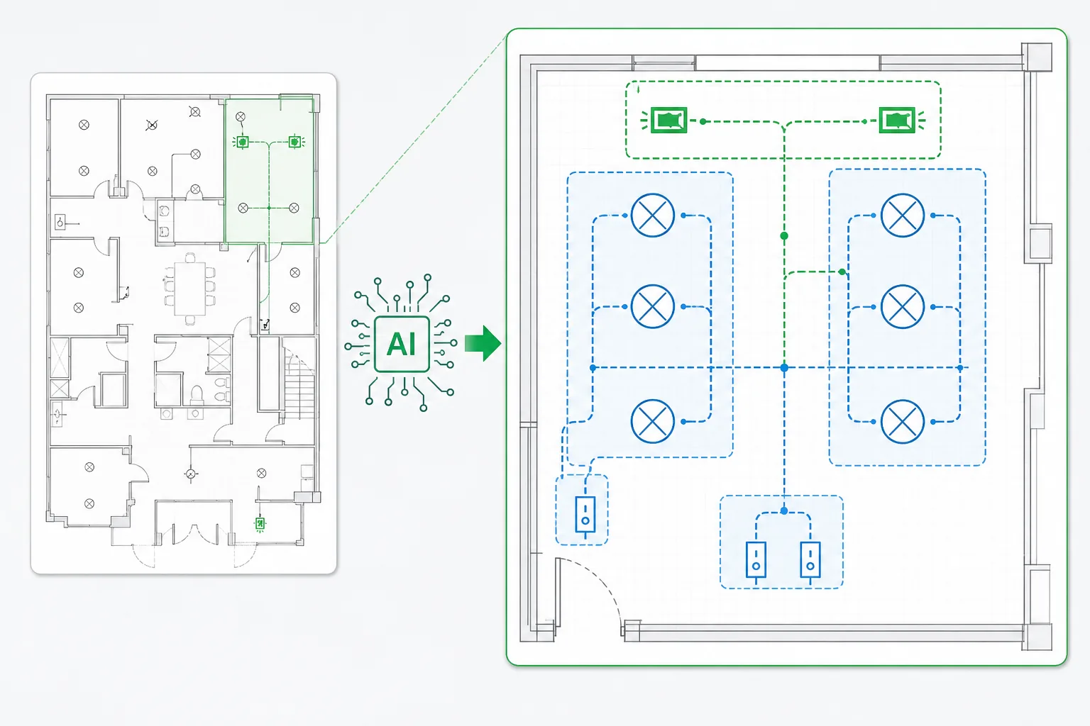 AI inference diagram showing electrical assembly groupings on a 2D lighting plan