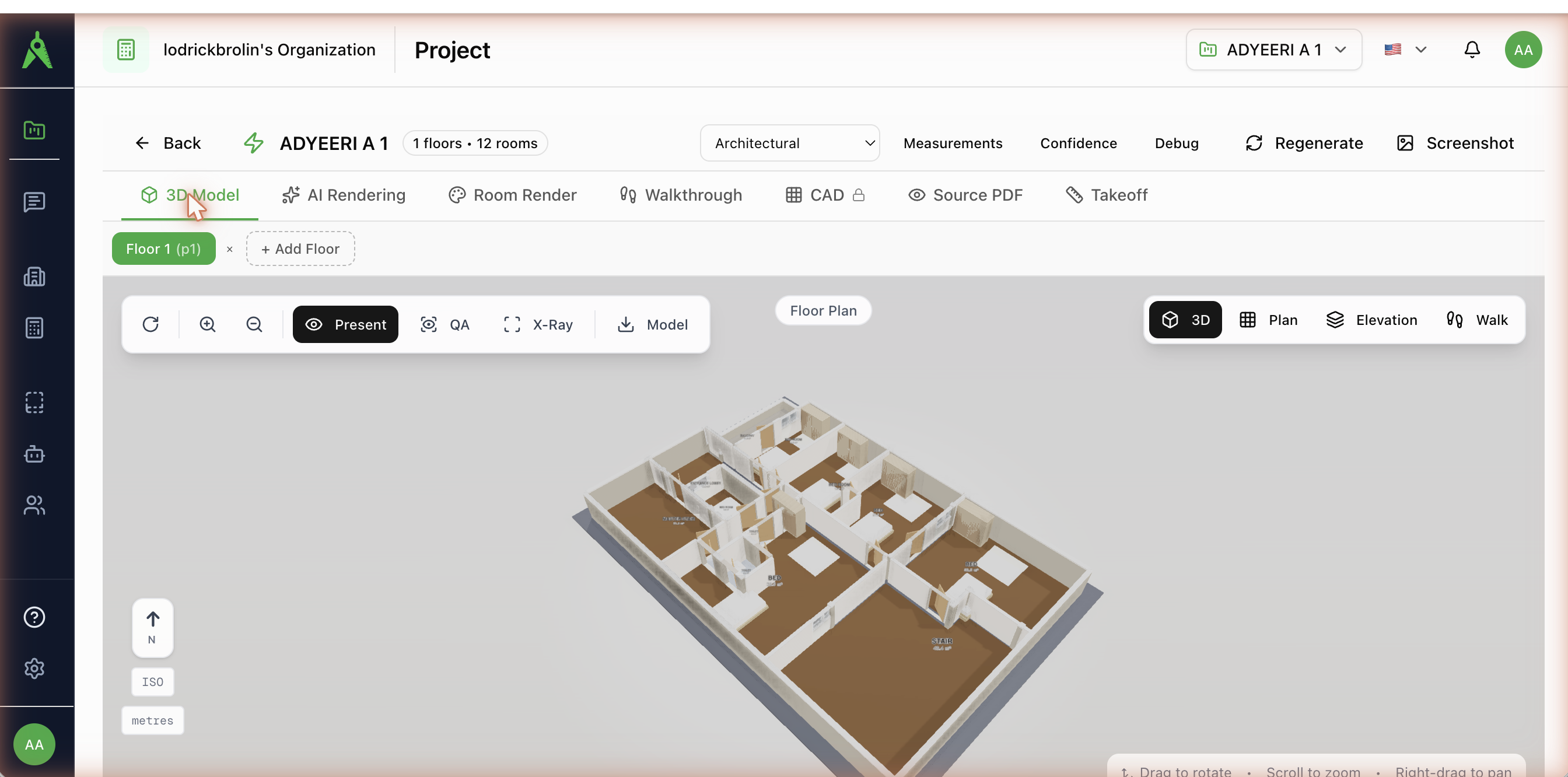 The interactive 3D dollhouse model of an extracted floor plan