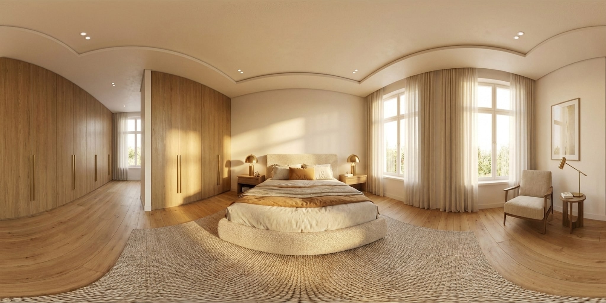 A rendered 360° panorama of a styled bedroom