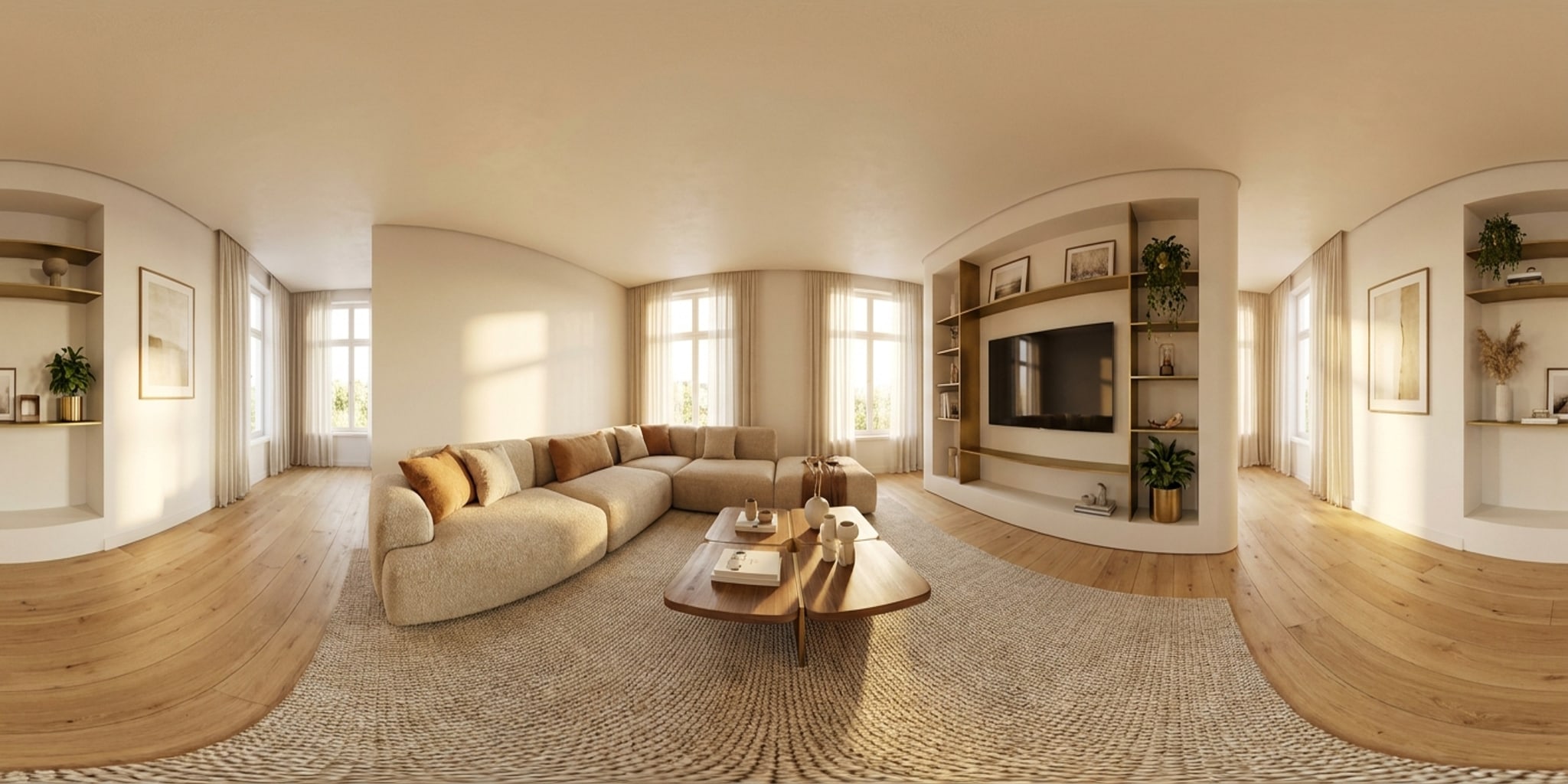 A rendered 360° panorama of a living space