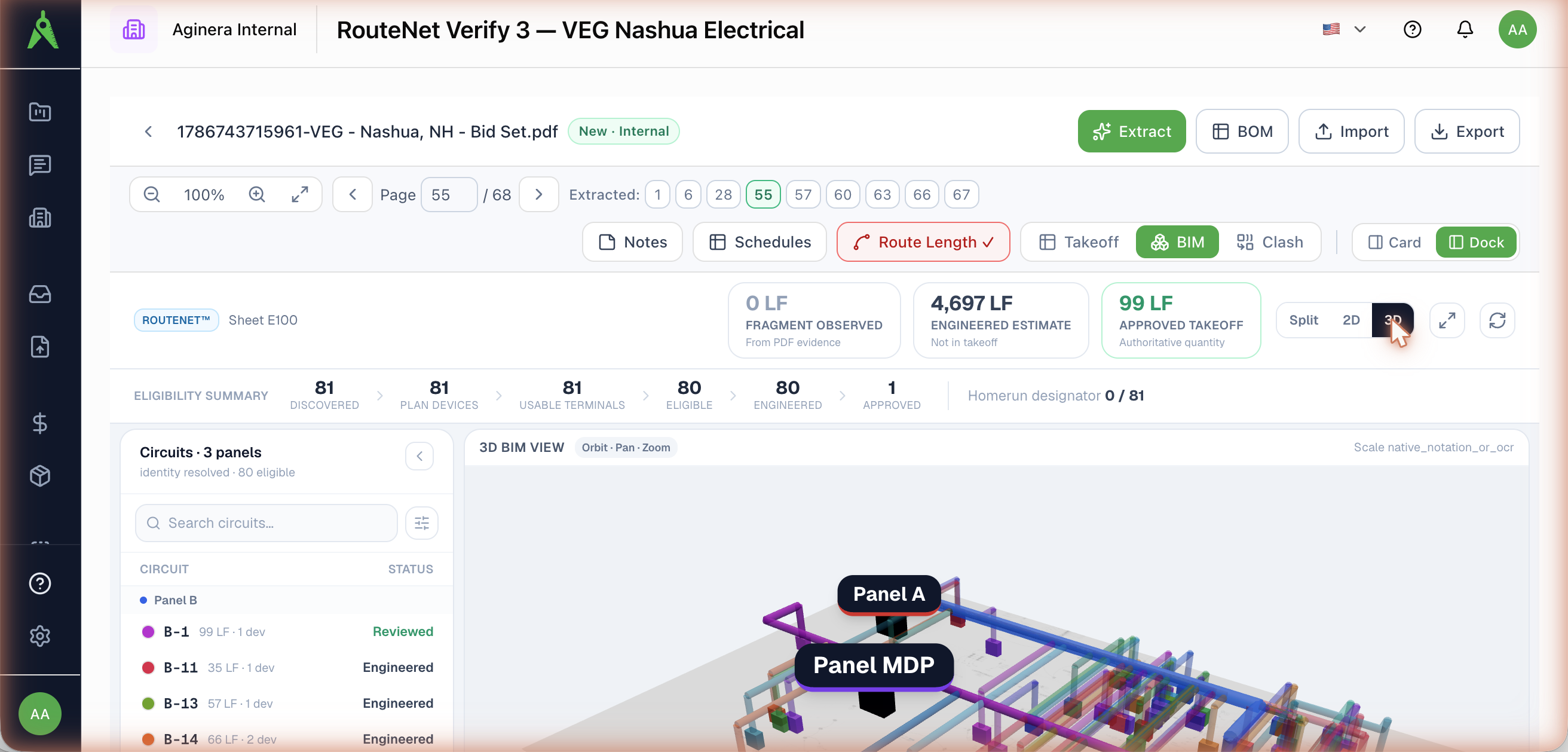 The BIM view — engineered run lengths, the eligibility summary, the circuit list, and the routed 3D conduit model