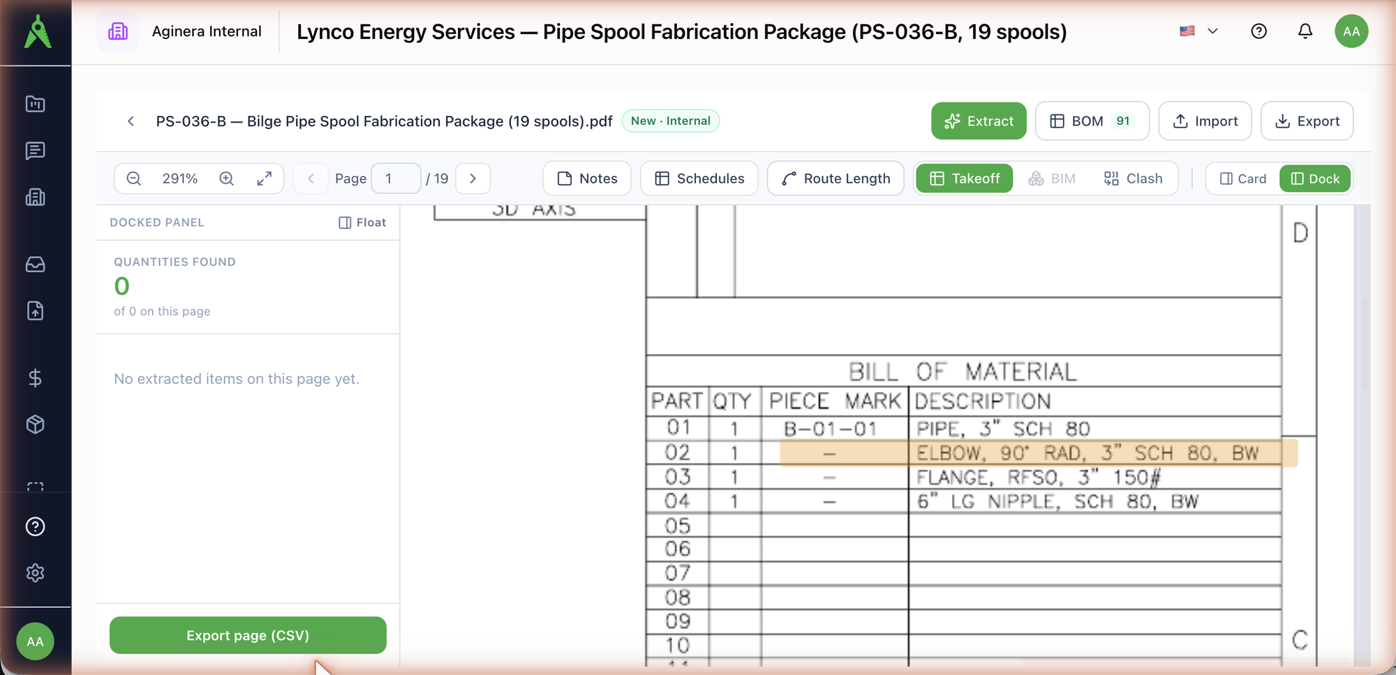 Clicking the ELBOW row jumps to the spool sheet and highlights that line of the printed bill of material