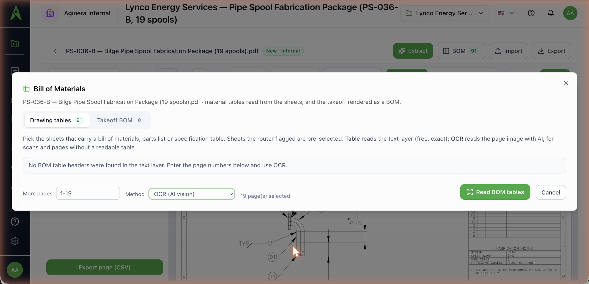 The page picker — pages entered by hand, method set to OCR, 19 pages selected