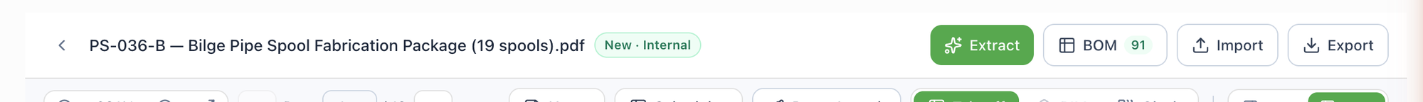 The takeoff top bar — Extract, BOM (with row count), Import, Export