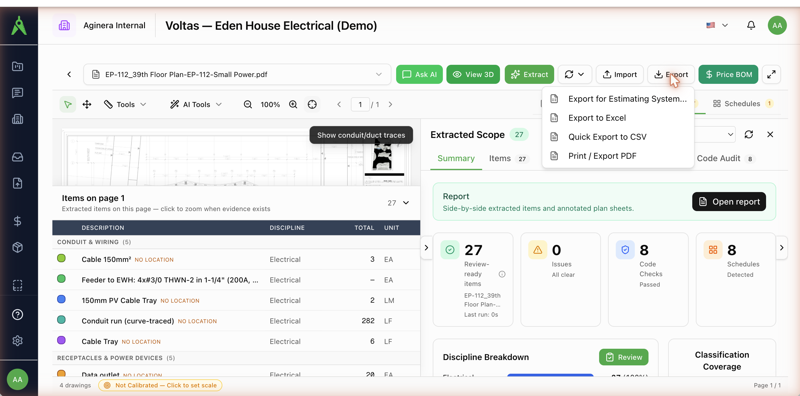 The Export menu in the takeoff top bar
