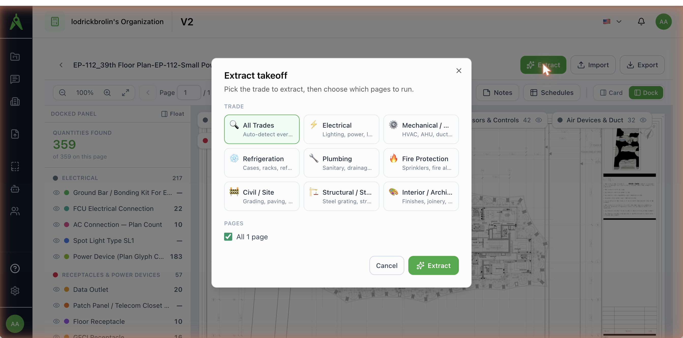 The Extract dialog with the Electrical trade