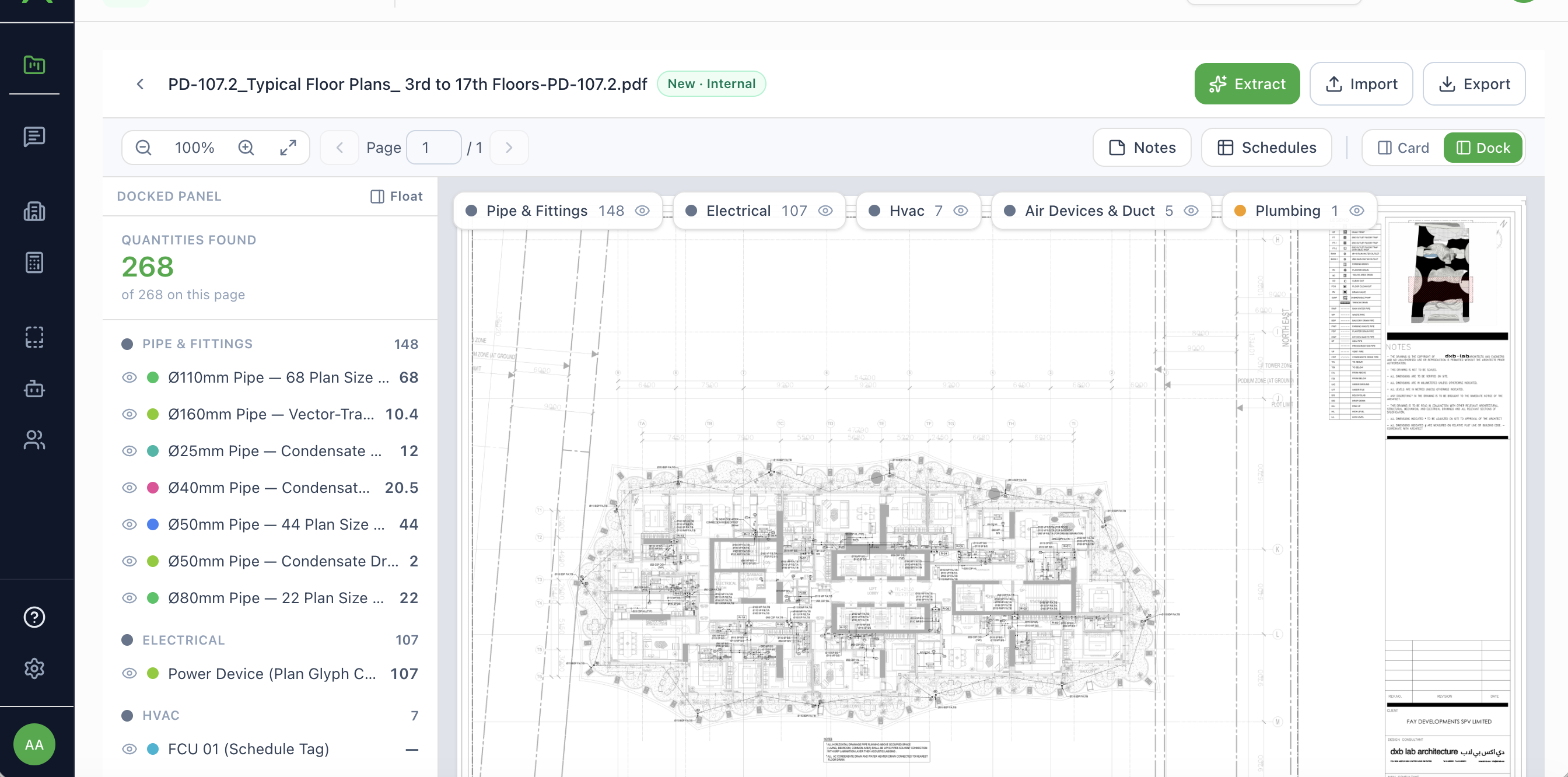 The v2 takeoff workspace on a mechanical plan — pipe runs, condensate lines, HVAC, and air devices