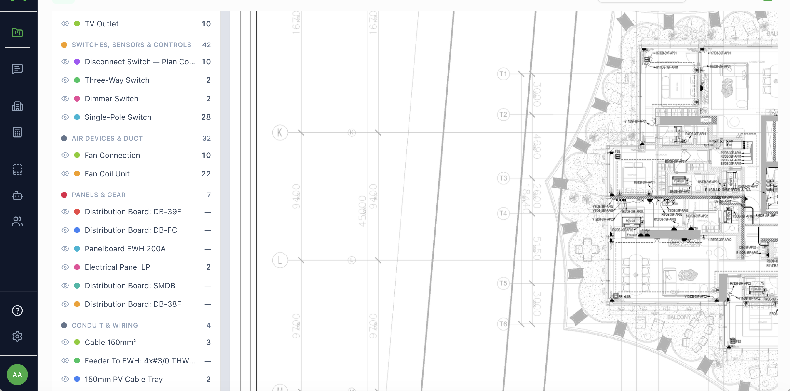Zoomed electrical plan showing per-device markers next to their tags