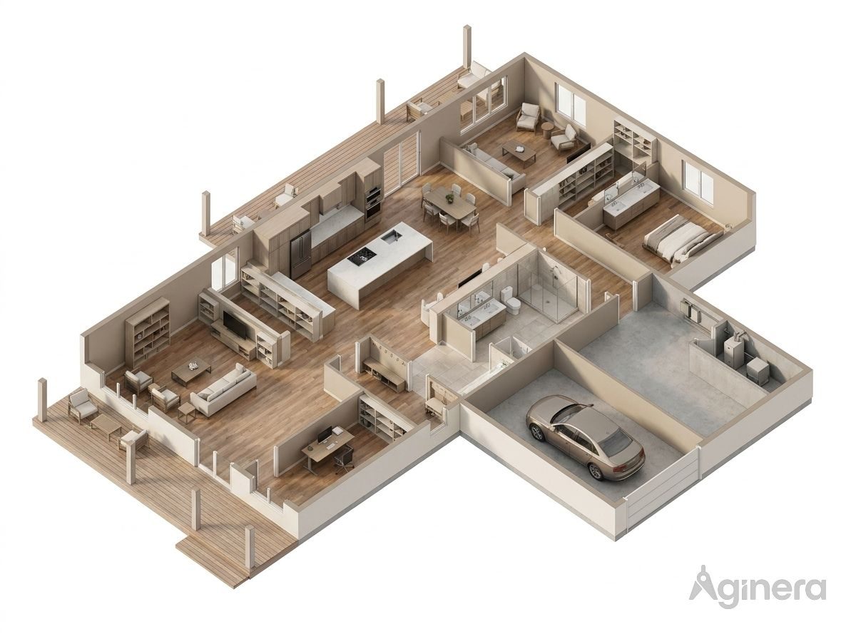 Single-storey home with garage — top-down 3D dollhouse render generated by AI from the floor plan