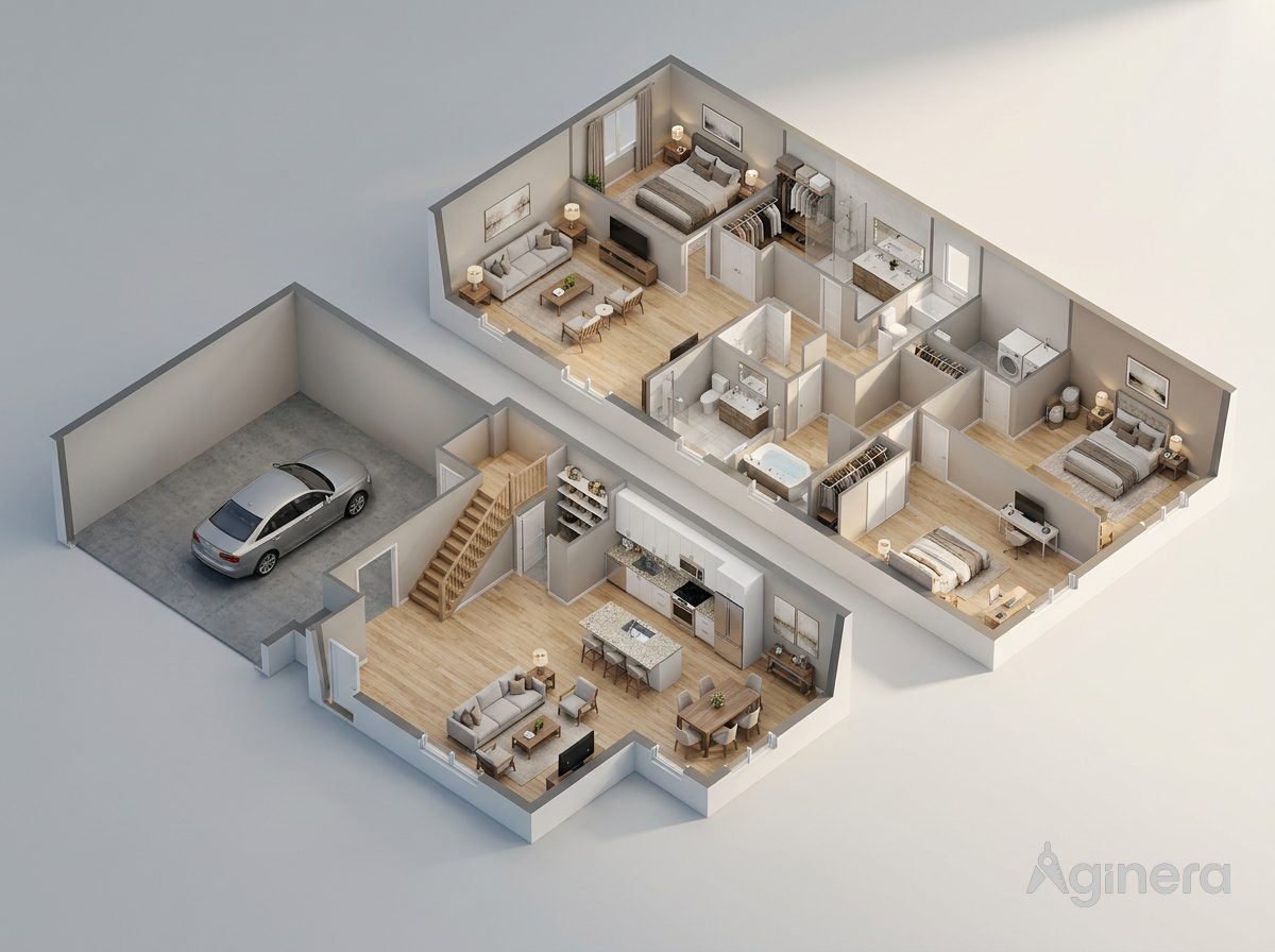 Two-storey home with garage — top-down 3D dollhouse render generated by AI from the floor plan