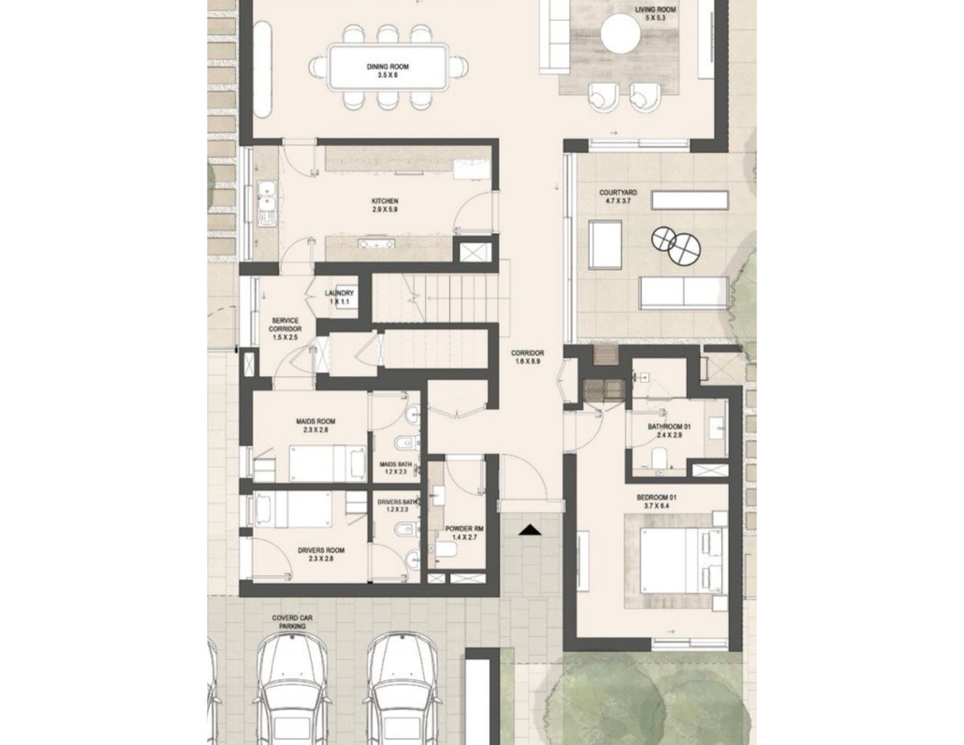 Villa with driveway — the 2D floor plan, with room names, that the 3D model and video were generated from