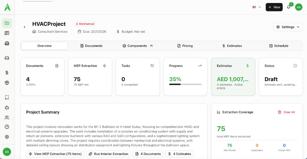 DesignOps project dashboard showing MEP extraction, estimates, and project status