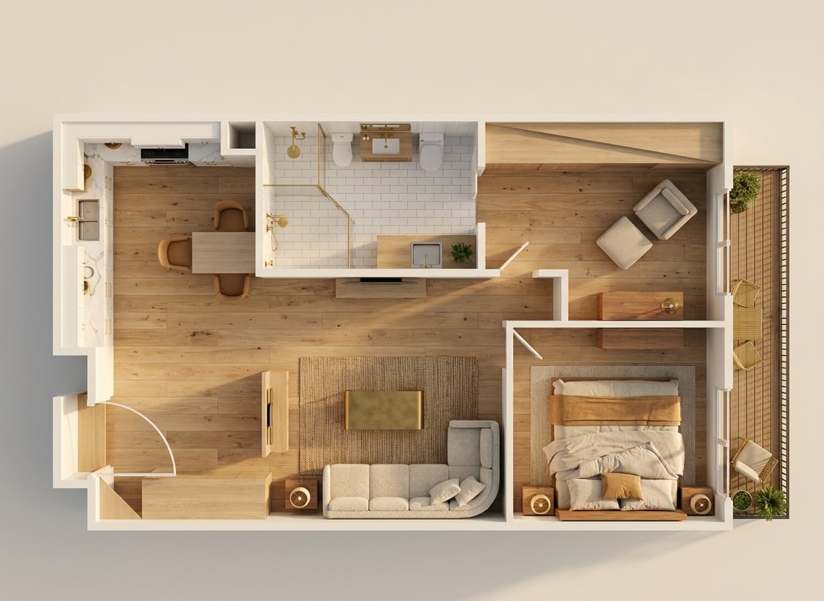 3D dollhouse of 1 BHK Home
