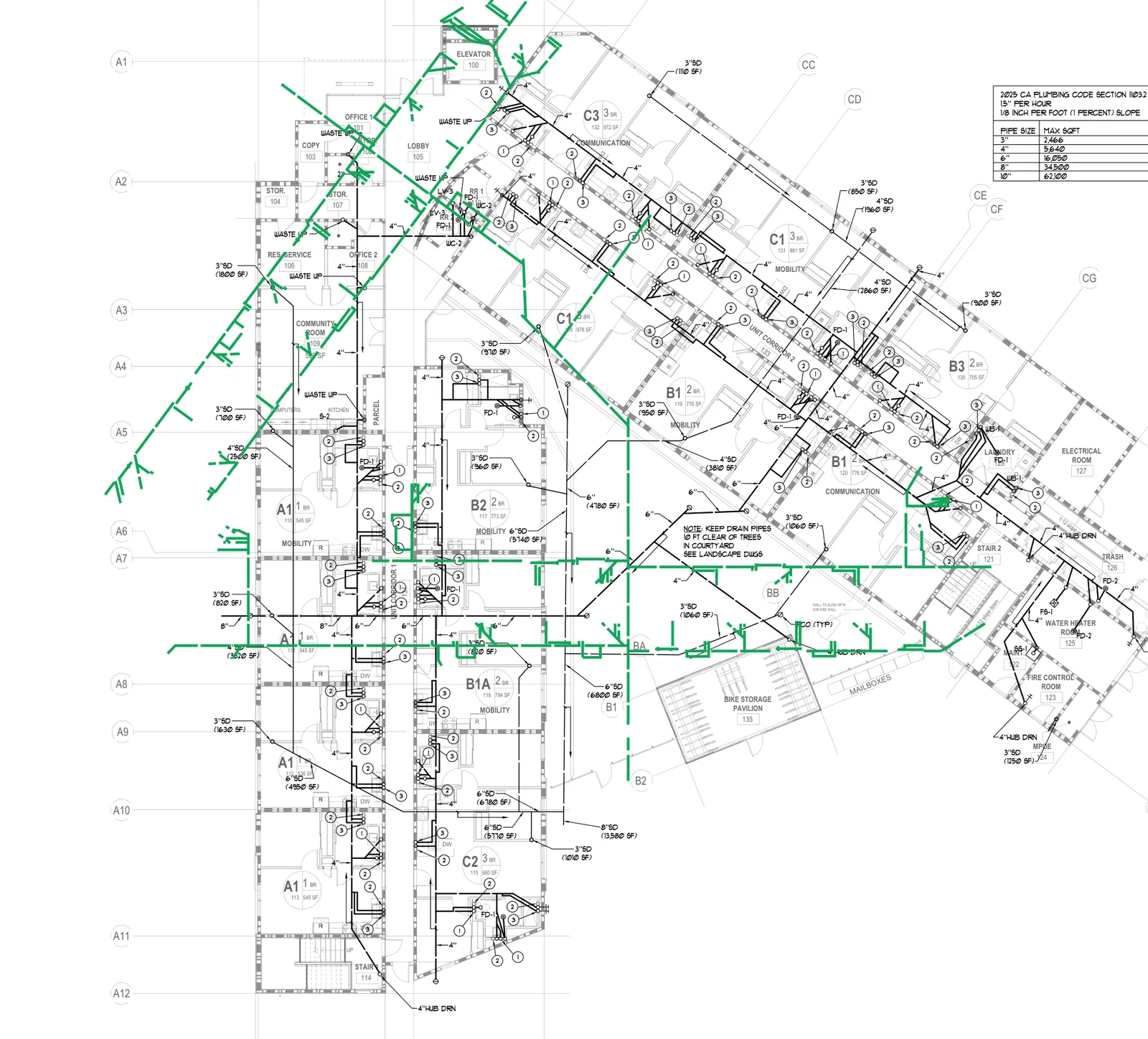 AI plumbing takeoff: underground DWV piping runs traced in green on a real multifamily plumbing plan — 125 runs, 1,240 linear feet on this sheet